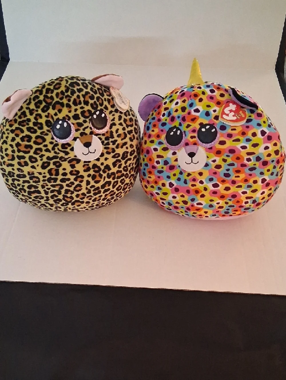 TY Bundle of 2 Plush Squish-A-Boo Leopard & Rainbow Unicorn Round Plush